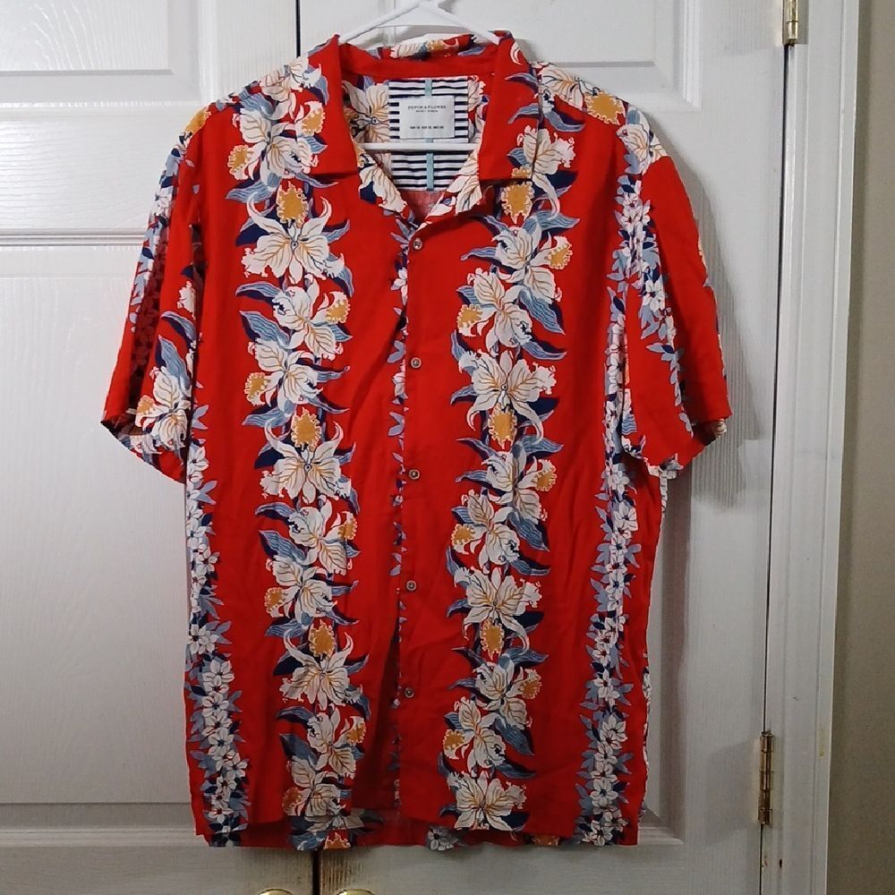 Denim & Flower button down short leave floral Hawaiian shirt Sz XL EUC